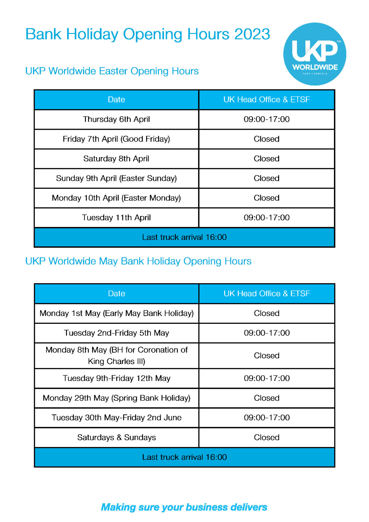 Easter and May Bank Holidays Opening Hours UKP Worldwide